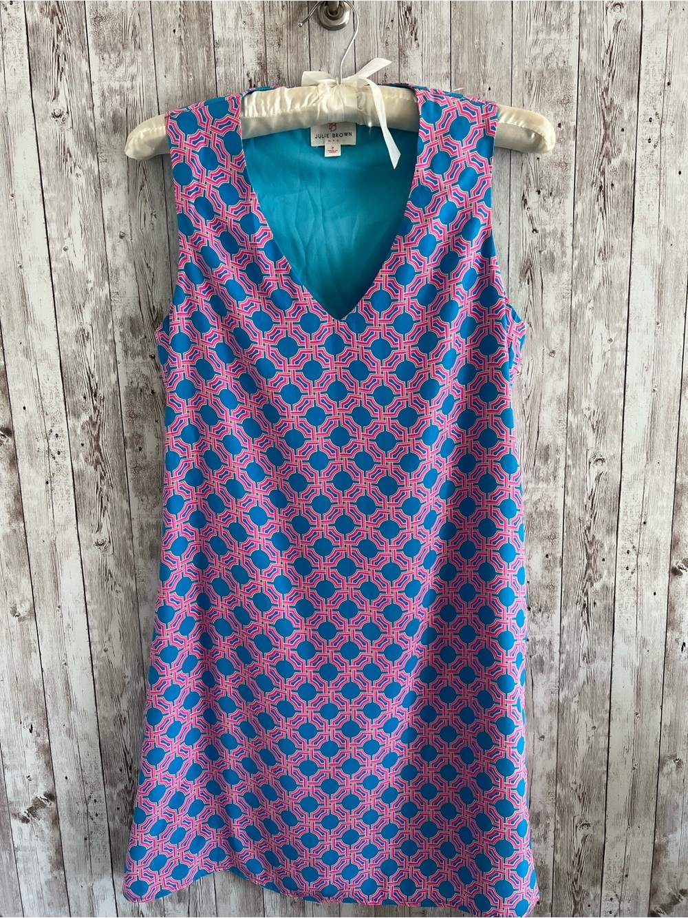 JB by Julie Brown Sleeveless Mini Dress in Blue and Pink Geometric Print Silk 2